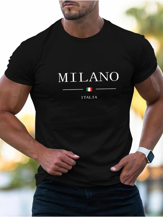 Summer men's  sports loose plus MILANO print comfortable short sleeved T-shirt top